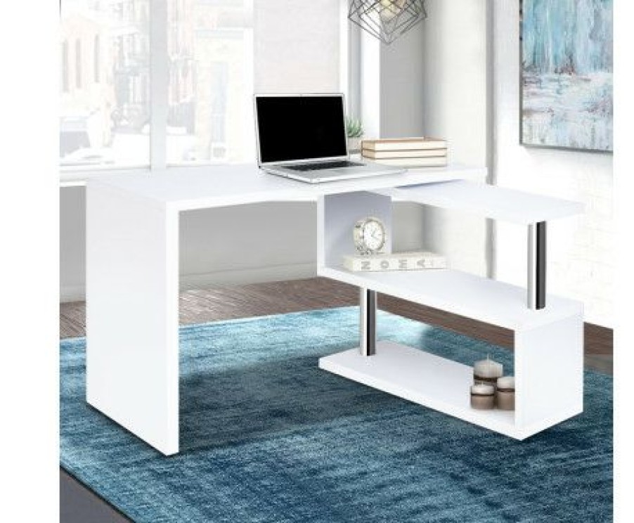 Furnishings * | Home Office Design Rotary Corner Desk Bookshelf White At Low Price