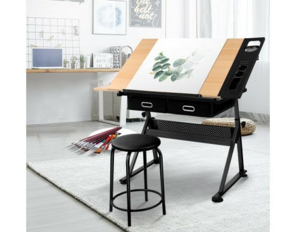 Furnishings * | Home Office Design Tilt Drafting Table Stool Set Natural Discounts Online