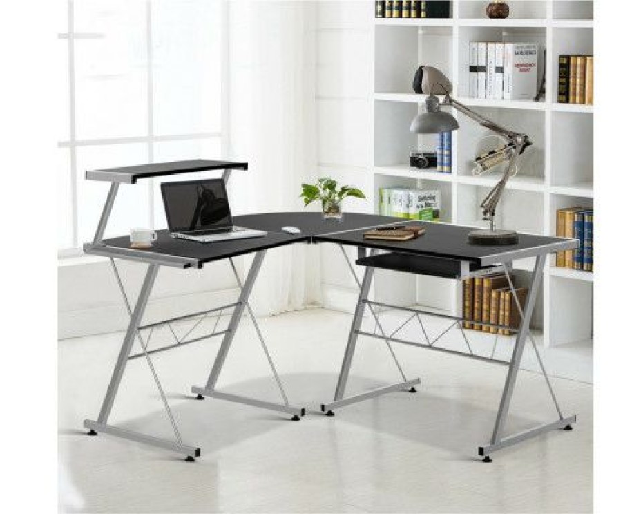 Furnishings * | Home Office Design Corner Metal Pull Out Table Desk Black Cut Price